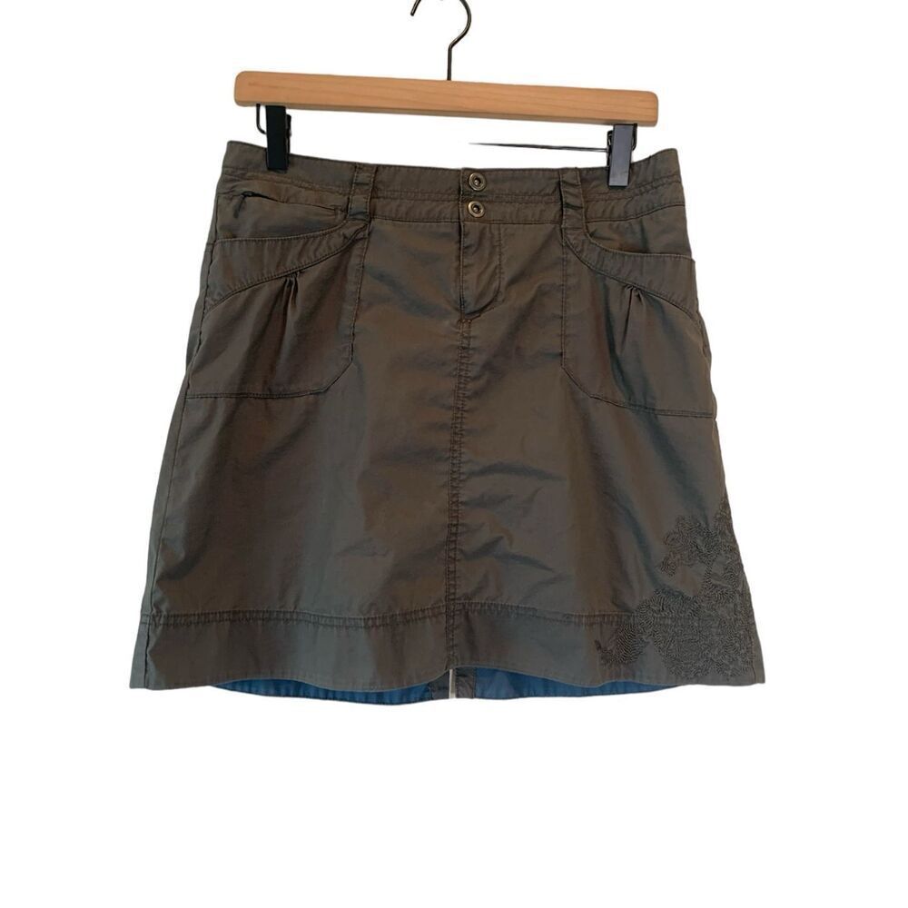 REI Skirt Women's 4 Mini A-Line Snap Front Embroidered Pleated Pocket Charcoal